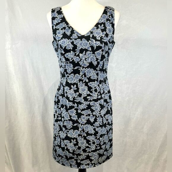 August Silk 100% silk black and blue floral print sheath dress size 4 - Picture 1 of 6